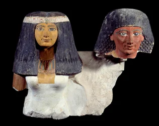Sztuka starożytnego Egiptu: Senynefer i jego żona Hatszepsut (1410 pne). Rzeźba 18. dynastii nowego imperium. Paryż, Musee Du Louvre.