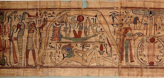 Egipska starożytna alegoria kosmosu: mitologiczny papirus Neskapaszouty, skryba księgowania zbóż reprezentujących kosmogonię, z Gebem, Noutem, Neftydą, Ozyrysem. 1070-664 pne. 21. dynastia. Słońce 2,7x0,27 m Paryż, musee du Louvre