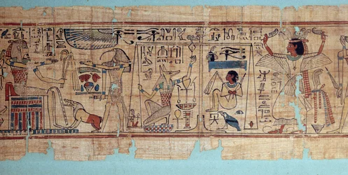 Starożytność egipska: fragment mitologicznego papirusu Neskapaszouty, księgowego skryby ziaren strychu Amona. Anubis waży serce (duszę) zmarłego. 21. dynastia