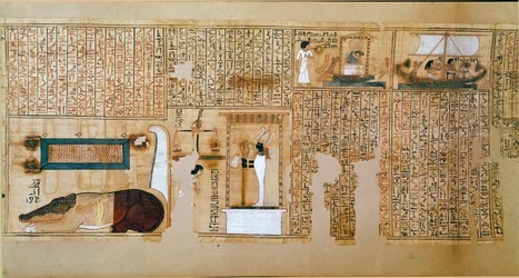 Antyki egipskie: fragment Księgi Umarłych, papirus Nebqeda. Szczegół reprezentujący wagę dusz. XVIII dynastia. 1400-1350 pne. Paryż, Luwr