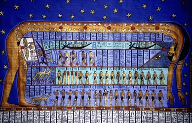 Egipski kosmos, bogini Nut wyginająca się, by uformować niebo (papirus)