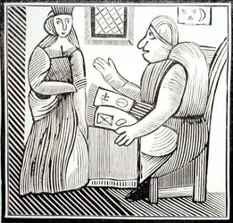 Kobieta szuka wskazówek u Wróżbity, kopia ilustracji z „Historii Mother Bunch of the West”, ze zbioru książeczek o ezoteryce c14-c17th (drzewryt)