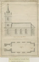 Kościół Marchington - Plan elewacji zewnętrznej i wnętrza: rysunek piórem, bd [?poł. XVIII w.] (rysunek)