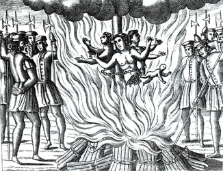 Relacja o trzech męczennikach z Guernsey spalonych na stosie, z wydania "Acts and Monuments" autorstwa Johna Foxe