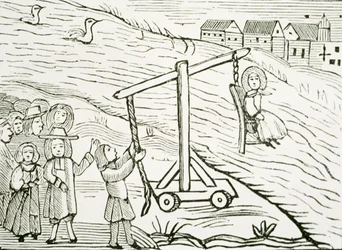 Kobieta na kaczym stołku, oskarżona o czary, ilustracja ze zbioru rozdziałów poświęconych ezoteryce (drzeworyt)