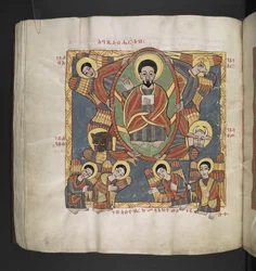 Lub. 481, f.110v   Bóg Ojciec w otoczeniu Cherubinów i adorujących Aniołów.   Oktateuch, Ewangelie i dzieła kościelne.  Rękopis etiopski.  Koniec XVII wieku