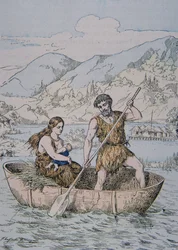Starożytni Galowie w łodzi typu Coracle (kolor lito)
