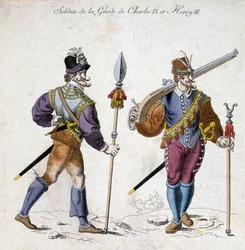 Stroje żołnierzy gwardii Karola IX (1550-1574) i Henryka III (1574-1589).