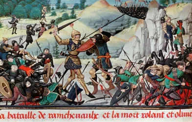 Śmierć rycerza Rolanda, siostrzeńca Karola Wielkiego, w bitwie pod Roncevaux (778) między armią Karola Wielkiego a Saracenami. Miniatura. Paryż, B.N.