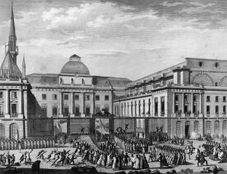 Rewolucja Francuska: Ratusz Paryża, parlament w listopadzie 1790 na wyspie miasta, któremu przewodniczył Jean Baptiste Gaspard Bochart de Saron (1730-1794). Paryż, Biblioteka Instytutu Historii Rewolucji