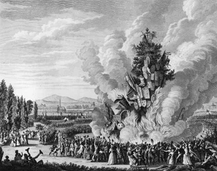 Rewolucja Francuska: upamiętnienie zdobycia Bastylii 14 lipca 1792 r. z wielkim bucherem palącym symbole monarchii z pałacu Tuileries. Paryż, Biblioteka Instytutu Historii Rewolucji