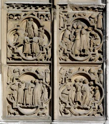 Sztuka gotycka: sceny nauczania. Fragment południowego portalu katedry Notre Dame (Notre-Dame) w Paryżu