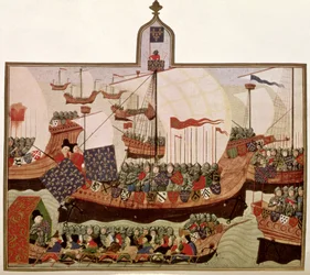 Harley 4379 f.60v Wyprawa księcia Burbonu na Barbary, wykonana przez Jeana Froissarta (ok.1333-c.1404) w Paryżu dla francuskiego historyka Philipa de Commines (1445-1509) (faksymile)