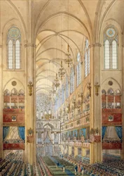 Wnętrze katedry Notre-Dame w Paryżu podczas koronacji Napoleona I (1769-1821) 2/12/1804. Akwarela z około 1804 roku. Île-d