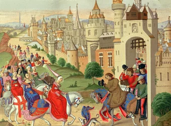 Izabela, królowa Anglii, jest witana u bram Paryża przez swojego brata, króla Francji Karola IV, z rękopisu „Chroniques” (wydanie faksymilowe)