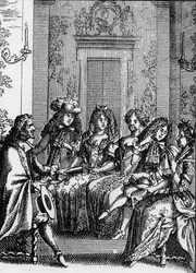 Przedstawienie sceny ze sztuki „La critique de l’ecole des femmes” (1663) Jeana Baptiste Poquelin dit Moliere (1622-1673).