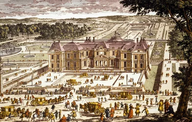 Widok na zamek Vaux le Vicomte, zbudowany przez Louisa le Vau w latach 1658-1661 dla Nicolasa Fouqueta (kolorowy grawerunek)