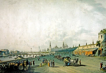 Moskwa, widok na Kreml i nabrzeże Moskwy (rycina akwarelą)
