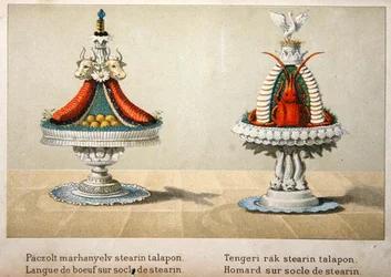 Projekt przedstawiający język wołu na stearynie i homara, ilustracja z węgierskiej książki kucharskiej o kuchni francuskiej, ok. 1880 (kolor litho)
