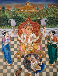 Pan Ganesh Ganpati Riddhi i Siddhi Miniatura malowana na papierze