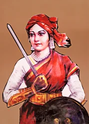 Portret Rani Laxmibai, królowej Jhansi, wielkiej bojowniczki o wolność podczas pierwszej wojny o niepodległość Indii w latach 1857-58 (kolorowa litografia)