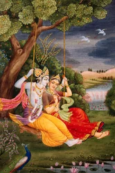 Radha Krishna cieszący się Jhoola Miniatura malowana na papierze