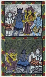 Shiva daje życie Ganesha (Ganesh lub Ganapati), w ramionach swojej matki Parvati, po przecięciu jej głowy w ramię gniewu. Pat: malowana rolka z regionu Bengalu, służąca jako medium narracyjne dla muzyków Baoul (lub Baul). Leonard de Selva specia