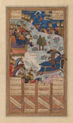 Rustam Lassoes the Khagan of China, Folio z rękopisu Szacha-Namy z Firdausi, koniec XV-początek XVI wieku (atrament, nieprzezroczysta akwarela i złoto na papierze)