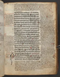 Harley 1802, f.19r, Zdobiony inicjał „P”(ater) z głową zwierzęcia na początku Pater Noster lub Modlitwy Pańskiej, z Ewangelii Maelbrigte („Ewangelie Armagh”; „Ewangelie Marelbrid”), z glosami