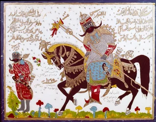 Islamski obraz na szkle przedstawiający historię Antara (Antar ibn Shaddad), arabskiego przedislamskiego poety z VI wieku. Syria, Damaszek, Pałac Azem lub Azm