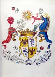 Blazon rodziny Visconti z Mediolanu, przedstawiający smoka bijącego dziecko. Archiwum Państwowe w Mediolanie