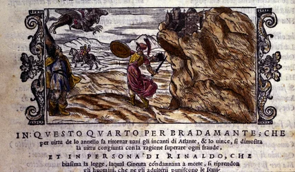 Bradamante rozdziera Brunelowi swój czarujący pierścień, dzięki któremu niweczy moc Atlanty i dostarcza Rogera (Ruggero, Ruggiero), scenę rycerskiego poematu Ludovico Ariosto (1474 - 1533) „Orlando Furioso” (Wściekły Rolanda) dt L „Arioste, Pieśń I”