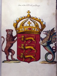 Herb brytyjskiej rodziny królewskiej zdobi koronę, lwa „””””” i fantastyczne stworzenie. Archiwum Państwowe, Mediolan