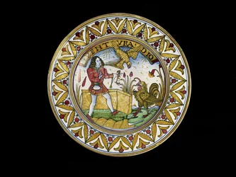 Naczynie ze sceną z Bajek Ezopa, prawdopodobnie Deruta, ok. 1490-1510 (majolika)