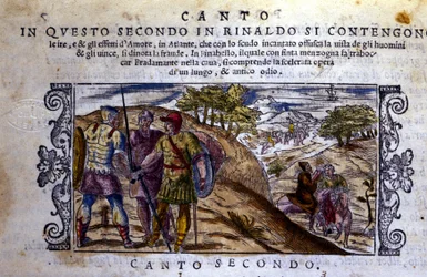 Po prawej Angelique (Angelica) spotyka pustelnika, który zatrzyma walkę między Renaudem (Rinaldo) i Sacripantem (Sacripante) o konia Bayard - Scena zaczerpnięta z rycerskiego poematu „Orlando Furioso” (Le Roland Furieux) Ludovica Ariosto ( 1474-1533)