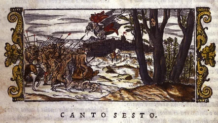 Ruggiero zostaje zaniesiony przez hipogryfa na wyspę Alcina, gdzie zostaje zaatakowany przez armię potworów, scena z „Orlando Furioso” Ludovico Ariosto (1474-1533)