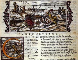 Olbrzymia Eryfila na wilku walczy z Rogerem (Ruggero, Ruggiero) - Scena z rycerskiego poematu Ludovico Ariosto (1474 - 1533) „Orlando Furioso” (Wściekły Rolanda) zwanego L