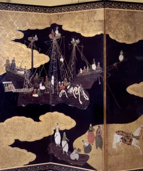 Ekran „portugalski”: przedstawienie przybycia portugalskich misjonarzy jezuickich do Japonii w XVI wieku. Szczegół. Zrealizowany przez Szkołę Kano (?). 1593-1600. Lizbońskie Muzeum Sztuki Starożytnej