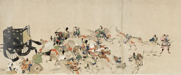 Illustrated Tale of the Civil War, The Imperial Visit to Rokuhara (Illustrated Tale of The Civil War, The Imperial Visit to Rokuhara) – praca anonimowa, akwarela i tusz na papierze, trzecia rolka