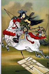 Tomoe, odważna wojowniczka z Japonii w okresie Genji i Heishi (kolor lito)