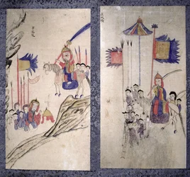 Panel z ośmiokrotnie złożonego ekranu przedstawiający historię trzech królestw (naturalne pigmenty na papierze)