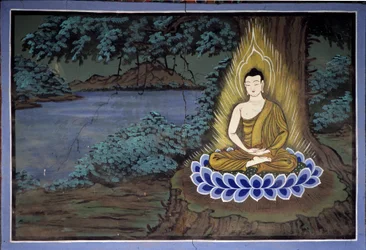 Medytacja Buddy: fresk w świątyni Yongju, region Suwon, Korea