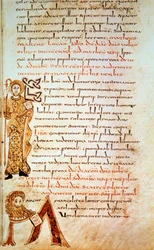 św. Mateusz; litera M (głowa lwa św. Marka). Strona w „” Sakramentarz Gellone”, folio 42. Enluminated David, v. 790, Francja, Meaux lub Cambrai. BN, Paryż