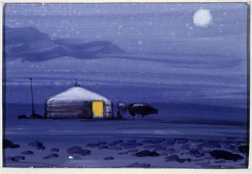 Mongolska jurta, noc - mongolska akwarela