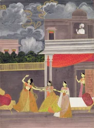 Dama przyprowadzona w nocy z burzy: ilustracja z trybu muzycznego Madhu Madhavi, ok. 1760 (gwasz na papierze)