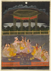 Książę świętujący Holi z pałacowymi kobietami na tarasie w nocy; verso: kaligrafia czterowiersza, ok. 1930 r. 1760 (nieprzezroczysta akwarela i złoto na papierze (recto); tusz na papierze, cztery wersy poezji perskiej (verso))