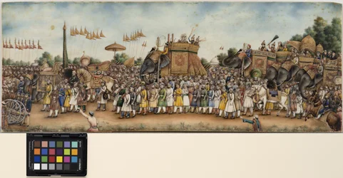 Akbar Shah II jedzie na słoniu w ogromnej procesji, ok. 1835 (nieprzezroczysta akwarela i złoto na kości słoniowej)