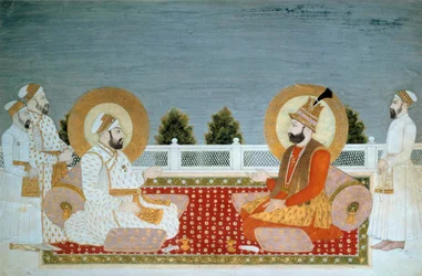 Sztuka indyjska: przedstawienie cesarza Indii Muhammada Szaha (1702-1748) i Nadira Szaha (1688-1747), szacha Iranu. Miniatura szkoły mogolskiej, Muhammad Szah (1526-1858 n.e.), 0,21 x 0,31 m, Paryż, Musée Guimet, Narodowe Muzeum Sztuki Azjatyckiej