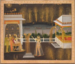 Panie świętujące Diwali, ok. 1760 (nieprzezroczysta akwarela i złoto na papierze)