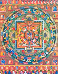 Chakrasambhara Mandala, przedstawiająca główne bóstwo Sambharę obejmujące swoją małżonkę Wadżrabarahi, symbolizujące połączenie mądrości i praktyki w celu osiągnięcia najwyższej błogości (gwasz na płótnie)